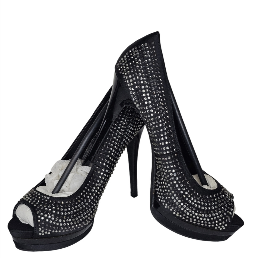 Society 86 Black With Silver Gem Encrusted Satin Heels , Women's Size 7.5 NWOT